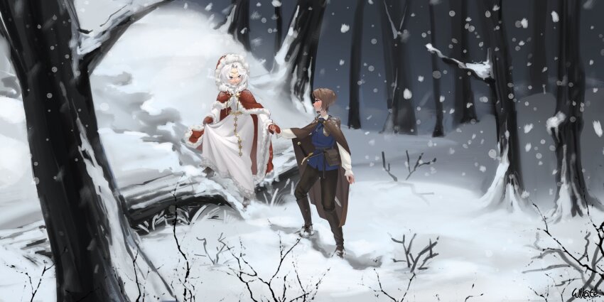 2girls bare_bush bare_tree belt belt_bag black_belt black_boots black_pants blue_eyes blue_vest boots breath bright_pupils brown_bag brown_cloak brown_eyes brown_hair brown_shoes bush circlet cloak collared_shirt commentary crossdressing day dress fantasy footprints frilled_dress frills full_body fur-trimmed_cloak fur-trimmed_hood fur-trimmed_sleeves fur_trim hashtag-only_commentary highres hill holding_hands hood hood_down hood_up hooded_cloak log long_dress long_sleeves looking_at_another medium_hair mittens multiple_girls original outdoors pants parted_bangs parted_lips pointy_nose red_cloak red_mittens shirt shoes short_hair signature skirt_hold smile snow snowing swan_(wikate) tomboy tree vest white_dress white_hair white_pupils white_shirt wide_shot wide_sleeves wikate winter