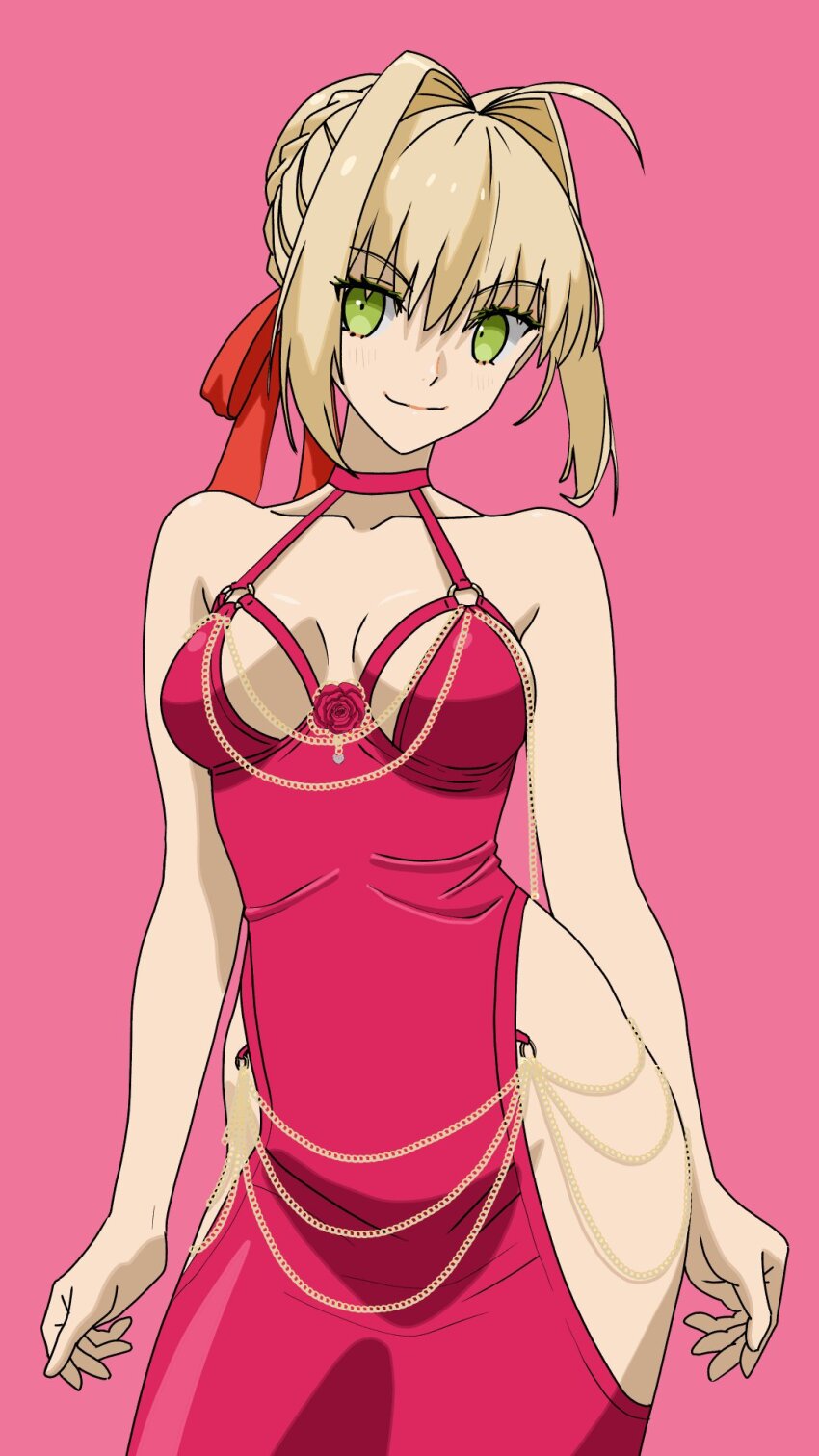 ahoge blonde_hair bow braid breasts chain contrapposto crown_braid dress fate/grand_order fate_(series) green_eyes hair_between_eyes hair_bow hair_intakes halterneck head_tilt highres hip_vent meme_attire modakawa_dress nero_claudius_(fate) pink_background pink_dress red_bow shoulder_blades sidelocks smile taut_clothes taut_dress type_x