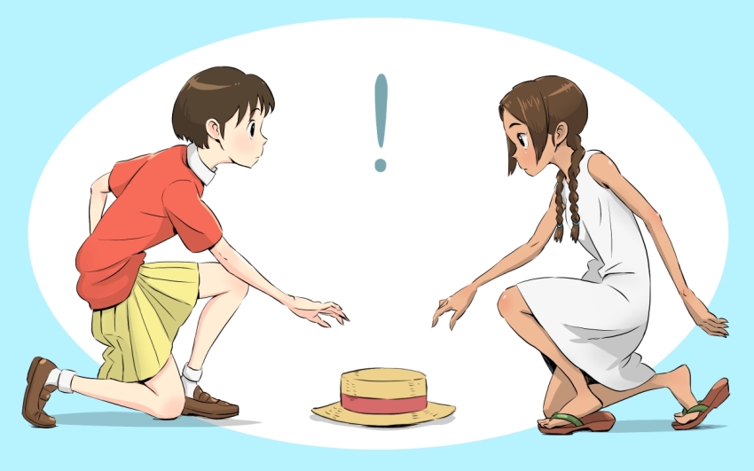 ! 2girls abenobashi_mahou_shoutengai asahina_arumi blue_background boater_hat bob_cut breasts brown_eyes brown_footwear brown_hair brown_headwear casual closed_mouth commentary dark-skinned_female dark_skin dress flip-flops full_body hair_over_shoulder hat hat_ribbon jitsusan loafers long_hair looking_at_another mimi_wo_sumaseba multiple_girls parted_bangs pleated_skirt reaching reaching_towards_another red_ribbon red_shirt ribbon sandals shirt shoes short_hair short_sleeves sidelocks skirt sleeveless sleeveless_dress small_breasts socks squatting straw_hat sun_hat sundress surprised tan trait_connection tsukishima_shizuku twintails two-tone_background unworn_hat unworn_headwear white_background white_socks yellow_skirt