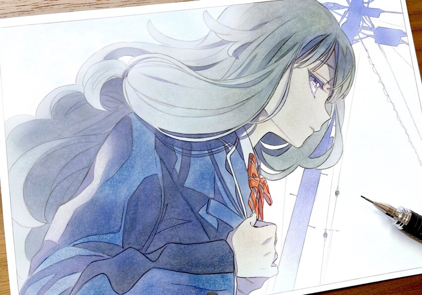 1girl blazer blue_jacket bow bowtie cable commentary diagonal-striped_bow diagonal-striped_bowtie diagonal-striped_clothes from_side graphite_(medium) green_hair highres jacket kamiyama_high_school_uniform_(project_sekai) kusanagi_nene long_hair long_sleeves looking_to_the_side low-tied_sidelocks marker_(medium) parted_lips pato_(ptro) project_sekai red_bow red_bowtie school_uniform shirt sidelocks solo striped_clothes traditional_media upper_body utility_pole white_background white_shirt