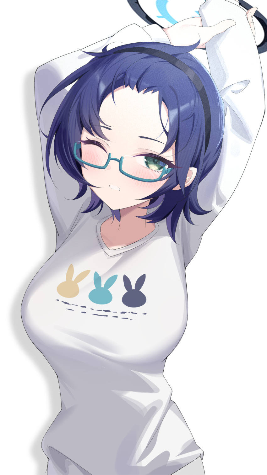 1girl absurdres black_hairband black_halo blue_archive blue_hair breasts chihiro_(blue_archive) chihiro_(pajamas)_(blue_archive) commentary glasses green-framed_eyewear green_eyes hairband halo hands_up highres jei_(user_tckk7448) large_breasts looking_at_viewer medium_hair official_alternate_costume official_alternate_hairstyle one_eye_closed pajamas parted_lips semi-rimless_eyewear shadow simple_background solo teeth white_background white_pajamas