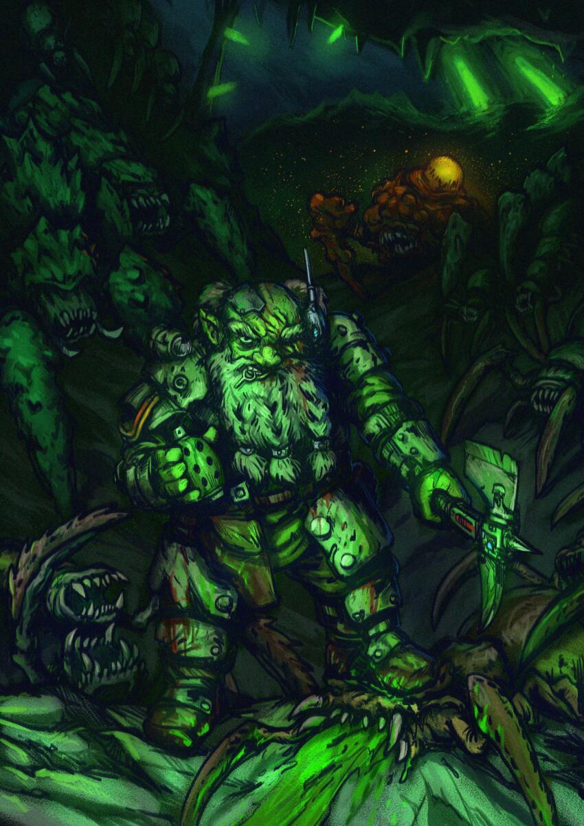 1boy absurdres armor bald beard blood blood_on_clothes cave claws clenched_teeth commentary deep_rock_galactic engineer english_commentary explosive facial_hair full_body glyphid_bulk_detonator glyphid_grunt green_blood green_theme grenade grenade_pin grenade_pin_in_mouth highres holding holding_grenade holding_pickaxe injury joe_duncan male_focus monster one_eye_closed pickaxe sharp_teeth shoulder_armor solo_focus standing teeth