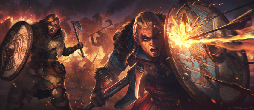 1boy 1girl absurdres agus_sw armor assassin&#039;s_creed:_valhalla assassin&#039;s_creed_(series) asymmetrical_hair axe battle blonde_hair braid eivor_varinsdottir facepaint fire flaming_arrow highres holding holding_axe holding_shield open_mouth shield sidecut teeth twin_braids undercut viking