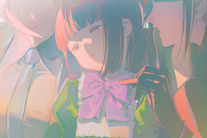 3girls aunt_and_niece black_gloves blunt_bangs bow bowtie closed_mouth finger_to_mouth gloves hair_between_eyes highres kkia medium_hair mother_and_daughter multiple_girls necktie parted_lips purple_bow purple_bowtie purple_necktie siblings sidelocks sisters smile teardrop umineko_no_naku_koro_ni upper_body ushiromiya_ange ushiromiya_eva ushiromiya_kyrie