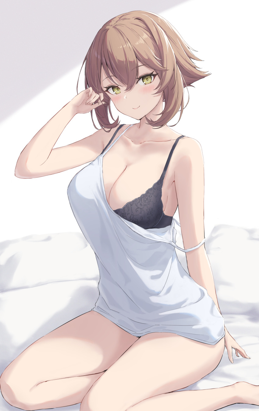 1girl absurdres alternate_costume black_bra bra breasts brown_hair camisole flipped_hair green_eyes highres kantai_collection large_breasts looking_at_viewer monoku mutsu_(kancolle) short_hair sitting smile solo underwear white_camisole yokozuwari