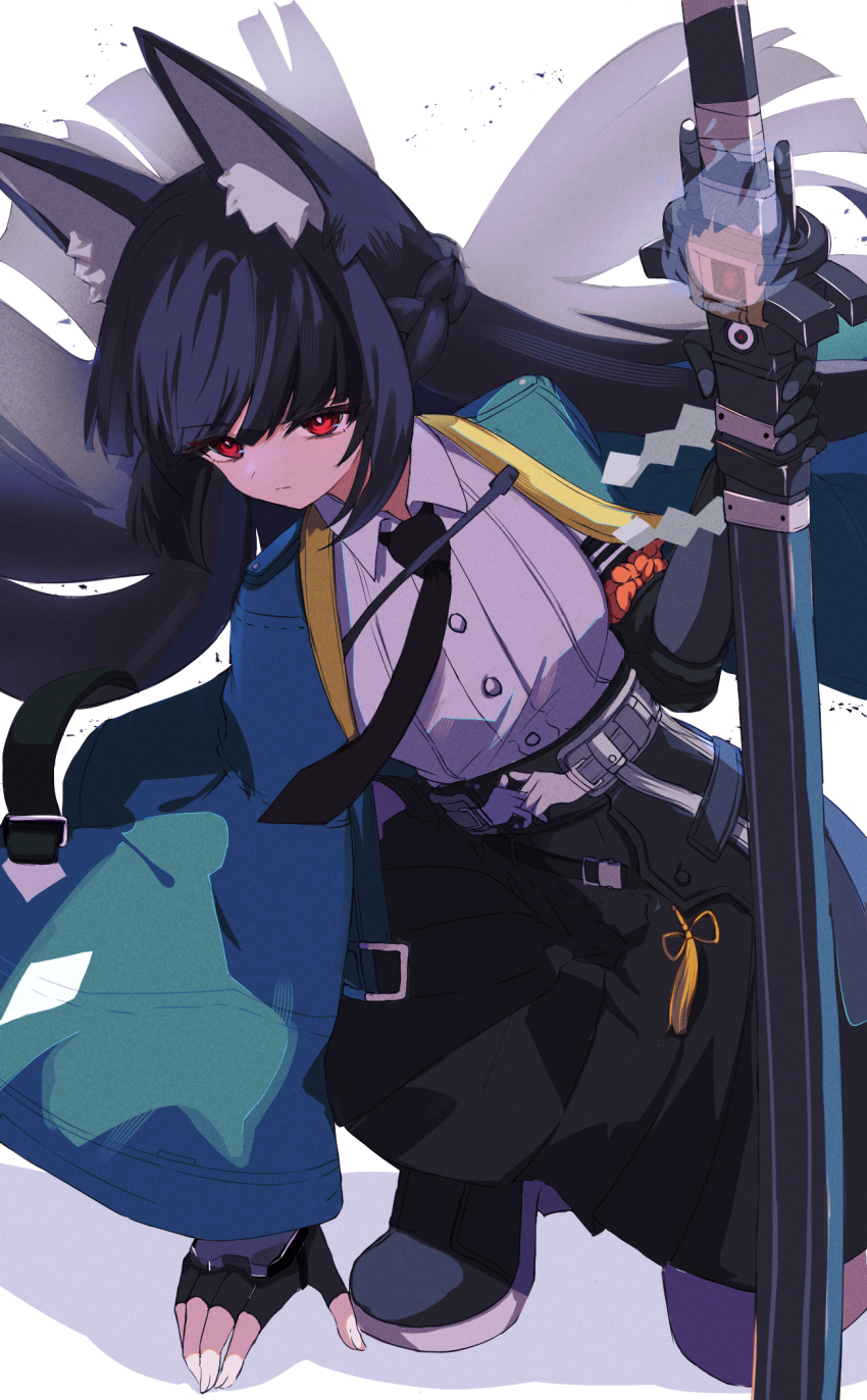 1girl animal_ear_fluff animal_ears aqua_jacket black_hair black_necktie black_pantyhose black_skirt blunt_bangs breasts collared_shirt eyeball fingerless_gloves fox_ears fox_girl gloves high-waist_skirt highres holding holding_sword holding_weapon hoshimi_miyabi jacket katana large_breasts long_hair necktie open_clothes open_jacket pantyhose red_eyes reinoni shirt single_fingerless_glove skirt sword weapon white_background white_shirt zenless_zone_zero