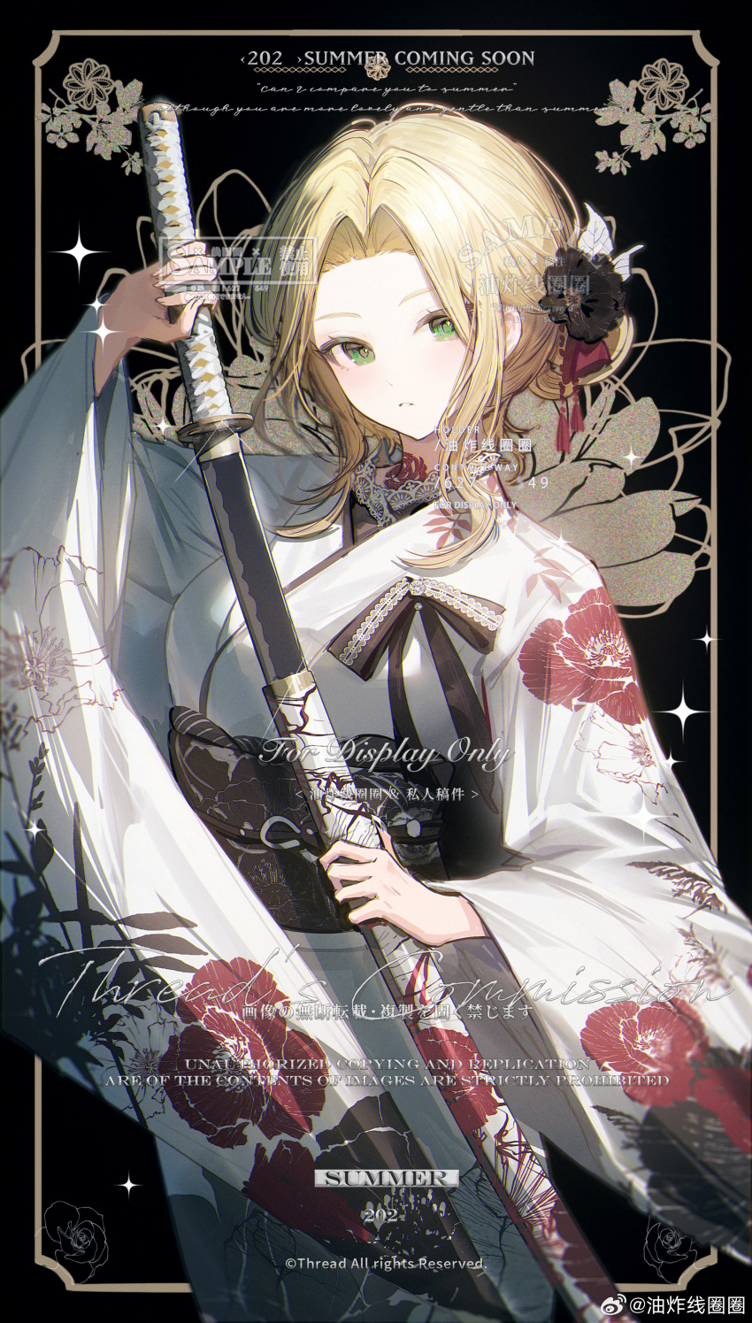 1girl absurdres black_flower blonde_hair breasts chinese_text english_text floral_print flower green_eyes hair_bun hair_flower hair_ornament highres holding holding_sheath holding_sword holding_weapon japanese_clothes katana kimono long_sleeves looking_at_viewer obi original parted_bangs parted_lips print_kimono sash sheath sidelocks solo sword weapon white_kimono wide_sleeves youzha_xian_quanquan