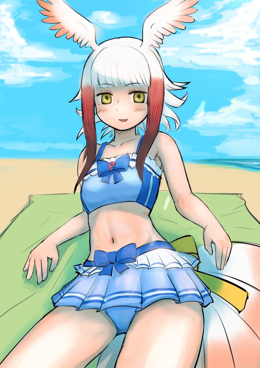 1girl aotsuki_tsutome back_bow bare_arms bare_shoulders bikini bikini_skirt bird_girl bird_tail bird_wings blue_bikini blue_bow blue_bowtie blue_skirt blunt_bangs blush bow bowtie collarbone cowboy_shot frilled_bikini frills head_wings highres japanese_crested_ibis_(kemono_friends) kemono_friends kemono_friends_3 looking_at_viewer midriff multicolored_hair navel pleated_skirt red_hair short_hair_with_long_locks skirt solo spaghetti_strap swimsuit tail white_hair wings yellow_eyes