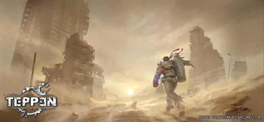 1boy ass bag baggy_pants bandaged_arm bandages barefoot cityscape commentary dougi dust dust_cloud english_commentary eyebrows_visible_through_headband fighting_stance full_body headband highres holding holding_bag jeremy_chong male_focus muscular muscular_male official_art pants ryu_(street_fighter) sand shirt short_hair solo street_fighter teppen torn_clothes torn_pants torn_shirt walking_away white_pants wide_shot wind