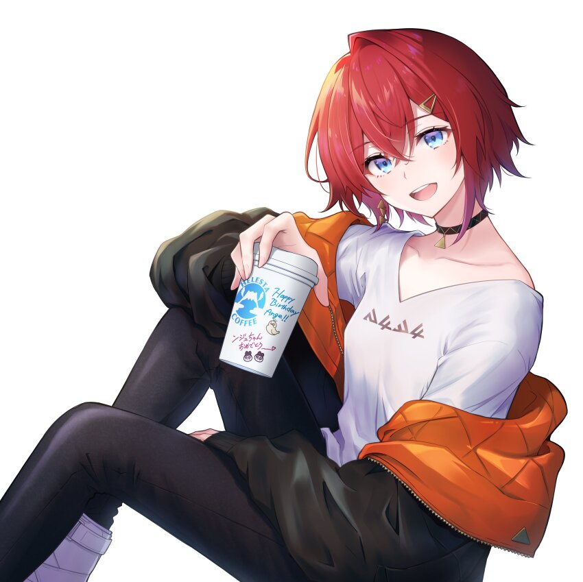 1girl :d absurdres ange_katrina ange_katrina_(5th_costume) arm_rest banken_(inui_toko) black_choker black_jacket black_pants blue_eyes breasts character_name choker collarbone commentary_request crossed_bangs cup disposable_cup earrings foot_out_of_frame from_side gold_earrings hair_between_eyes hair_ornament hairclip hand_up happy_birthday highres holding holding_cup inumoto jacket jewelry knees_up looking_at_viewer nijisanji off_shoulder open_mouth orange_jacket pants pendant_choker quilted_jacket red_hair sebastian_piyodore shirt shoes short_hair simple_background single_hair_intake sitting small_breasts smile solo t-shirt teeth translation_request triangle_earrings turning_head two-sided_fabric two-sided_jacket upper_teeth_only virtual_youtuber white_background white_shirt white_shoes