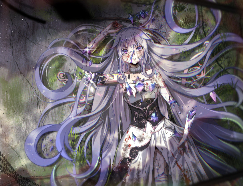 1girl blood broken broken_arm cracked_skin crystal dress gem grey_hair highres hoarah_lux hololive hololive_english koseki_bijou koseki_bijou_(1st_costume) long_hair lying on_back parted_lips purple_eyes severed_arm severed_limb shards solo very_long_hair virtual_youtuber