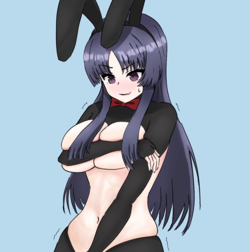 1girl animal_ears assault_lily black_hair black_hairband black_pantyhose blue_background blush bow bowtie breasts commentary covering_breasts covering_privates embarrassed fake_animal_ears hairband highres large_breasts long_hair long_sleeves looking_ahead looking_down meme_attire navel nose_blush nukenin_(maato) pantyhose parted_lips purple_eyes rabbit_ears red_bow red_bowtie reverse_bunnysuit reverse_outfit shirai_yuyu shrug_(clothing) sidelocks simple_background sleeves_past_wrists solo standing stomach sweatdrop trembling upper_body v-shaped_eyebrows