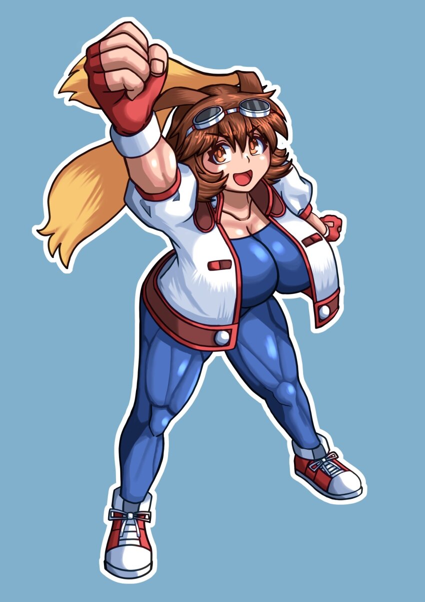 1girl animal_ears arm_up blue_bodysuit bodysuit breasts brown_eyes brown_hair clenched_hands goggles goggles_on_head highres jacket large_breasts makihara_arina muscular muscular_female open_clothes open_jacket open_mouth rabbit_ears shoes smile sneakers solo thick_thighs thighs toned unitard waku_waku_7