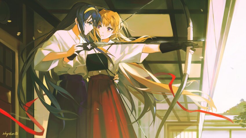 2girls anniversary archery arrow_(projectile) artist_name black_hair blonde_hair bow_(weapon) eye_contact falling_petals gloves hairband hakama hakama_skirt hand_on_another&#039;s_waist highres himemiya_chikane holding holding_another&#039;s_wrist holding_bow_(weapon) holding_weapon japanese_clothes kannazuki_no_miko kurusugawa_himeko kyuudou light_smile long_hair looking_at_another miko multiple_girls muneate petals red_ribbon ribbon skirt sunlight weapon ye_(pixiv4862539)