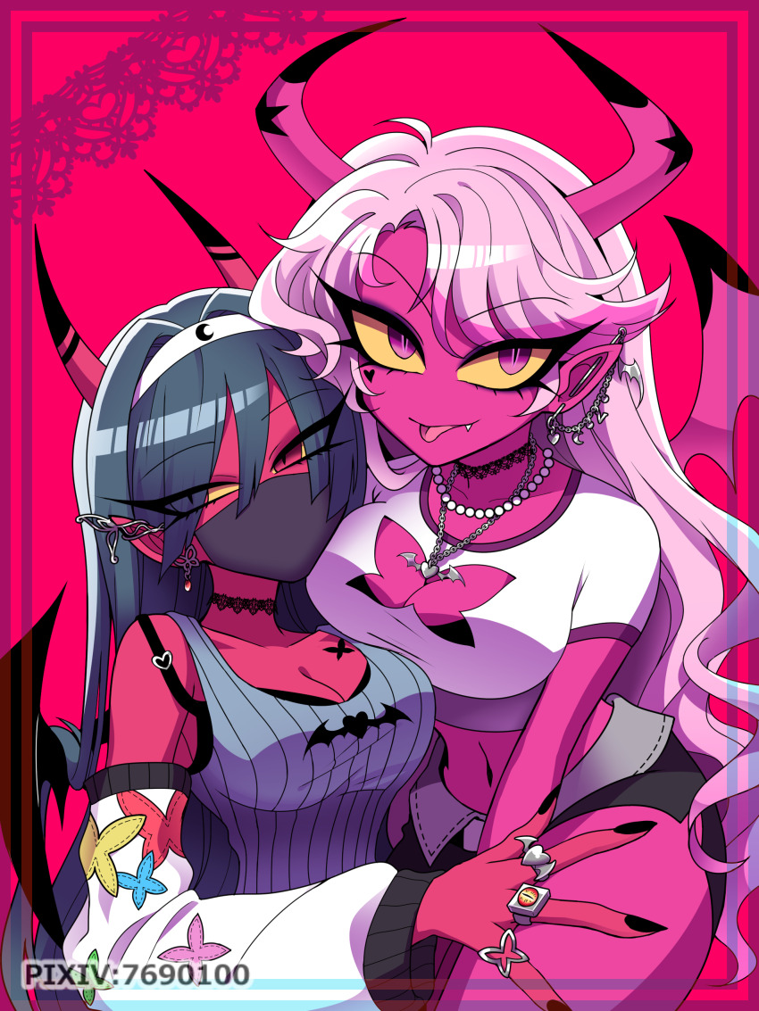 2girls :p absurdres ahoge arm_between_legs bare_arms bare_shoulders bead_necklace beads black_bra black_choker black_hair black_horns black_mask black_nails black_skirt black_wings bra breast_tattoo breasts butterfly_cutout butterfly_tattoo chain chain_necklace choker cleavage cleavage_cutout closed_mouth clothing_cutout colored_sclera colored_skin commentary_request covered_mouth cowboy_shot demon_girl demon_horns demon_wings detached_sleeves double-parted_bangs ear_piercing eyes_visible_through_hair eyeshadow fang fewer_digits grey_tank_top hair_between_eyes hair_over_eyes half-closed_eyes heart heart_necklace hellaverse helluva_boss highres horns jewelry kiki_(helluva_boss) lace lace_choker long_hair long_sleeves looking_at_viewer lower_eyelashes_only makeup mask medium_breasts menattou midriff miniskirt mouth_mask multicolored_horns multiple_girls nail_polish navel necklace no_nose piercing pink_eyes pink_hair pink_horns pink_skin pink_wings pixiv_id pointy_ears puffy_long_sleeves puffy_sleeves purple_eyeshadow purple_trim red_background red_eyes red_skin ribbed_tank_top ring shirt short_sleeves side_slit silver_necklace simple_background sitting skirt smile straight_hair swept_bangs t-shirt tank_top tattoo tongue tongue_out tsurime two-tone_horns two-tone_wings underwear upper_body v-shaped_eyebrows verosika_mayday very_long_hair wavy_hair white_shirt white_sleeves wings yellow_sclera