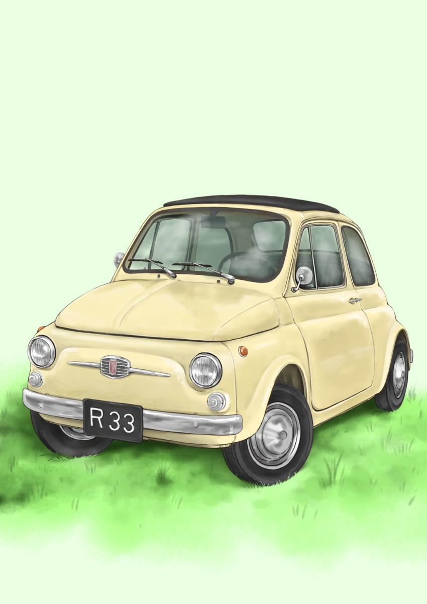 bosutonii car commentary_request fiat fiat_500 grass green_background highres left-hand_drive license_plate lupin_iii motor_vehicle no_humans partial_commentary simple_background vehicle_focus