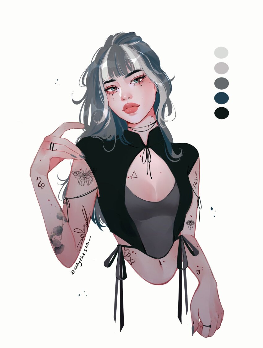 1girl aegyo_sal arm_tattoo artist_name black_shirt breasts brown_eyes butterfly_tattoo choppy_bangs cleavage_cutout closed_mouth clothing_cutout color_guide cord_choker crop_top cropped_torso curled_fingers eye_tattoo eyelashes fashion fingernails flower_tattoo fox_shadow_puppet green_eyes grey_hair grey_nails grey_shirt heart heart_tattoo highres hip_tattoo jewelry light_particles long_fingernails long_hair looking_at_viewer mandarin_collar medium_breasts mole mole_on_cheek mole_on_chest mole_on_hand mole_on_stomach mole_under_each_eye mole_under_eye multicolored_eyes multicolored_hair multiple_moles multiple_tattoos nail_polish navel original ring shirt short_sleeves side-tie_shirt silver_(zeebythesea) snake_tattoo strap_slip tattoo thick_eyebrows thick_lips triangle_tattoo two-tone_hair two-tone_shirt upper_body wavy_hair white_streaks zeebythesea