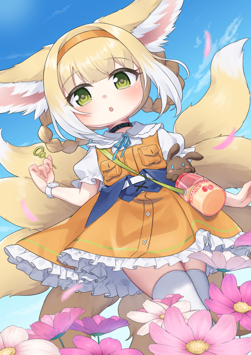 1girl :o absurdres animal_ears arknights blonde_hair blue_background blue_ribbon braid bubble_wand choshanland_plushy_(arknights) cloud collared_shirt commission commissioner_upload day dress flower fox_ears fox_girl frilled_dress frills green_eyes hair_rings highres holding infection_monitor_(arknights) kitsune kokone_(coconeeeco) kyuubi looking_at_viewer multicolored_hair multiple_tails neck_ribbon non-web_source open_mouth orange_dress outdoors parted_lips pink_flower puffy_short_sleeves puffy_sleeves ribbon shirt short_sleeves sidelocks skeb_commission skindentation sleeveless sleeveless_dress solo standing stuffed_animal stuffed_rabbit stuffed_toy suzuran_(arknights) suzuran_(let&#039;s_carnival!)_(arknights) tail thighhighs twin_braids two-tone_hair white_flower white_hair white_shirt white_thighhighs