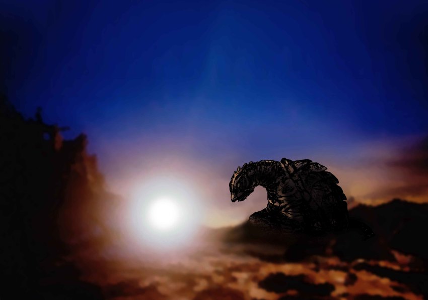absurdres burned city cityscape crater daiei_film destruction dusk gamera gamera_(series) gamera_2:_attack_of_legion highres kaiju real_world_location satoru33 sendai_(city) shadow silhouette sun sunset