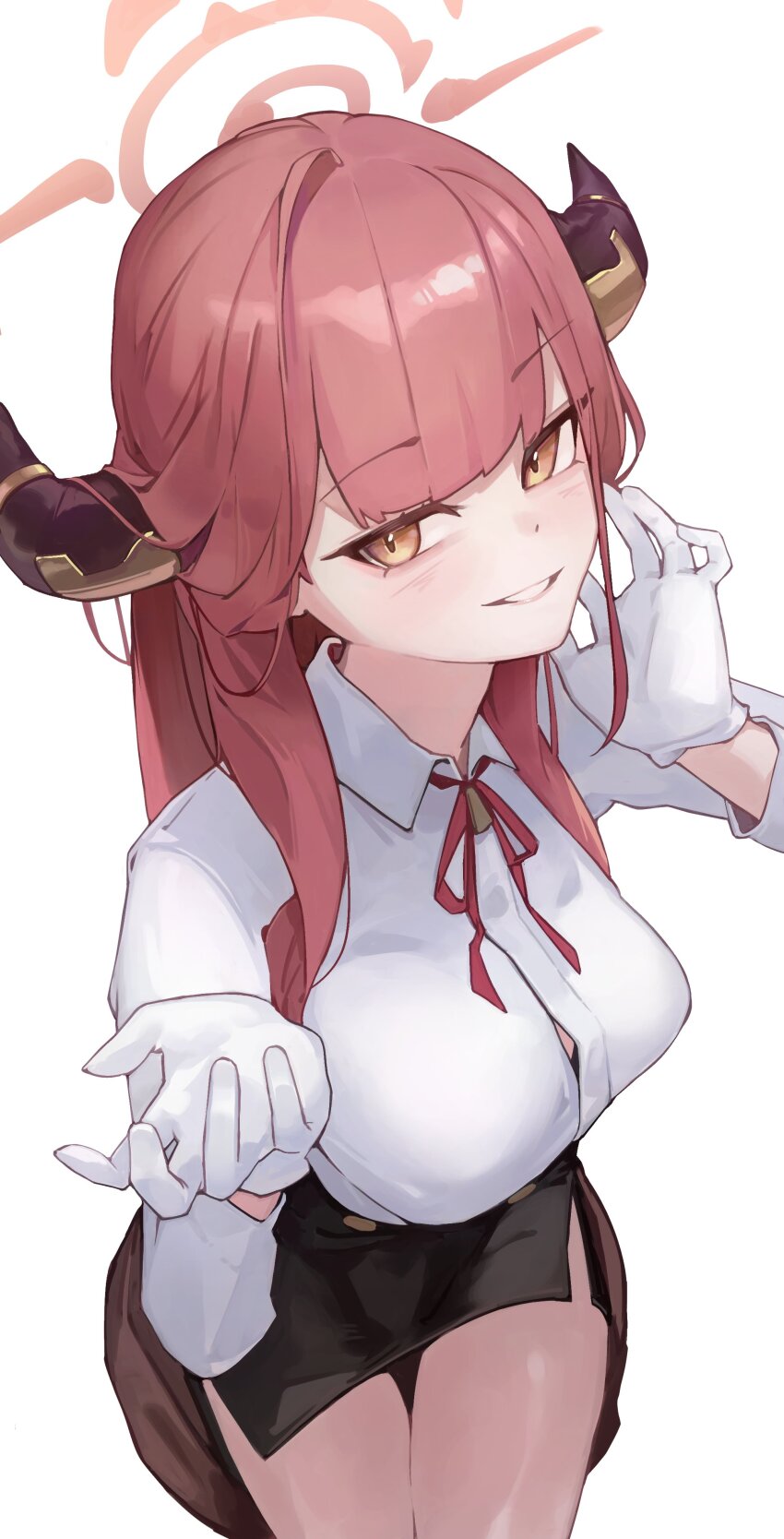 1girl absurdres aru_(blue_archive) black_skirt blue_archive blush breasts brown_horns collared_shirt demon_horns gloves halo highres horns jun_daniell large_breasts long_hair long_sleeves looking_at_viewer low_horns miniskirt neck_ribbon orange_halo pencil_skirt pink_hair red_hair red_ribbon ribbon shirt simple_background skirt smile solo white_background white_gloves white_shirt yellow_eyes