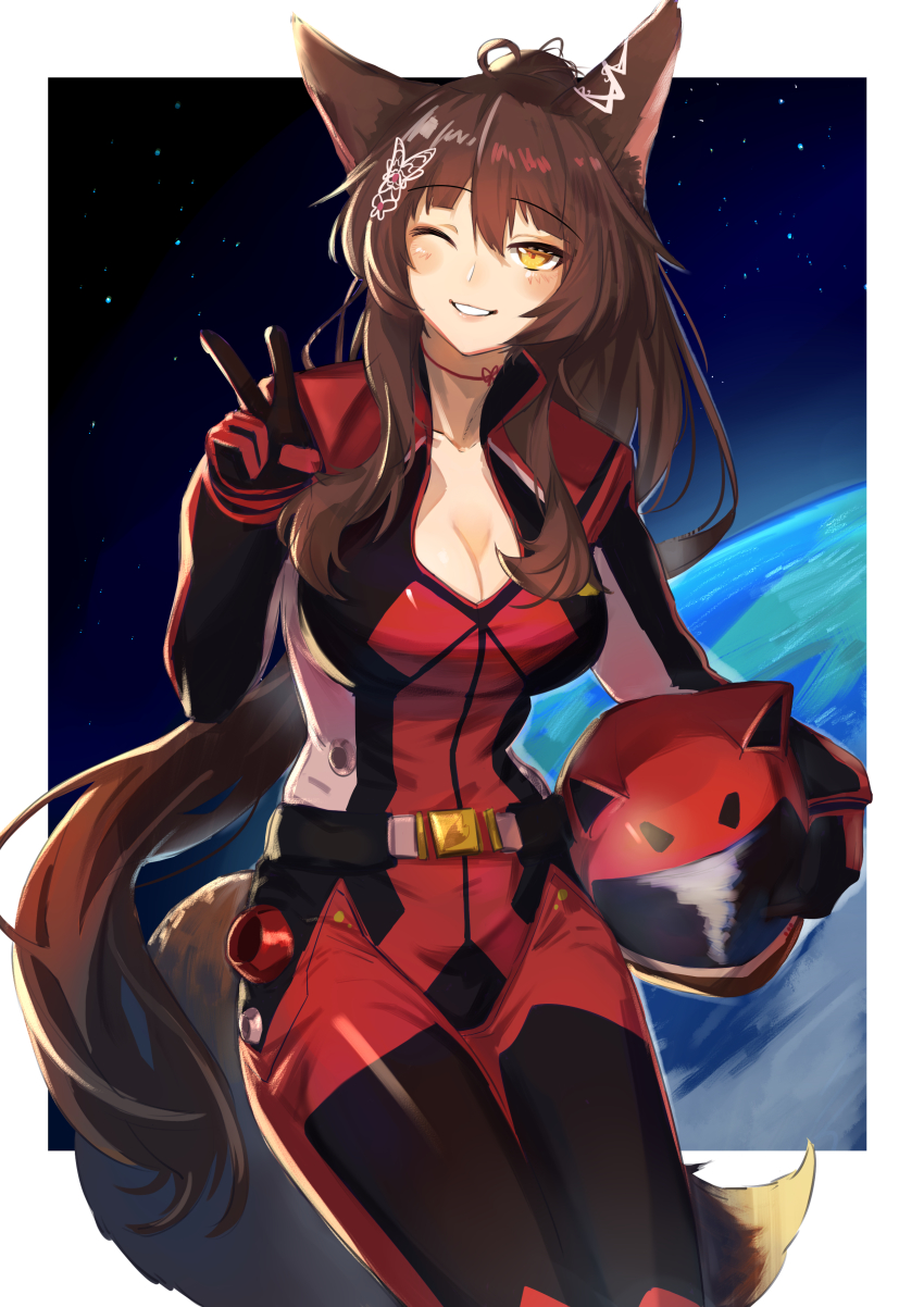1girl ;) absurdres animal_ears belt biker_clothes bikesuit blush bodysuit breasts brown_hair butterfly_hair_ornament cleavage earth_(planet) fox_ears fox_girl fox_tail fumi_(nijisanji) hair_between_eyes hair_ornament helmet highres holding holding_helmet large_breasts long_hair looking_at_viewer murechika nijisanji official_alternate_costume one_eye_closed orbit outside_border parted_lips pilot_suit planet ponytail red_bodysuit smile solo space tail v very_long_hair virtual_youtuber