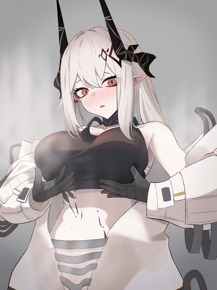 1girl absurdres arknights bare_shoulders black_gloves black_horns black_sports_bra blush breasts commentary_request gloves grabbing_own_breast grey_background grey_hair hair_between_eyes highres horns infection_monitor_(arknights) large_breasts long_hair long_sleeves looking_at_viewer material_growth midriff mudrock_(arknights) mudrock_(elite_ii)_(arknights) navel nose_blush off_shoulder oripathy_lesion_(arknights) parted_lips pointy_ears red_eyes sikakuinasu solo sports_bra steaming_body