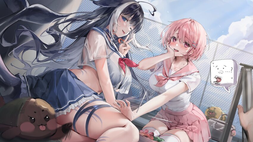 2girls absurdres ahoge animal_ears bento bikini bikini_under_clothes black_hair blue_collar blue_skirt blush breasts cetacean_tail chain-link_fence chopsticks collar fence fins fish_tail food hair_ornament hairclip hand_on_another&#039;s_thigh hand_on_own_cheek hand_on_own_face heart heart_ahoge highres honey_churros indie_virtual_youtuber large_breasts lillly long_hair looking_at_viewer multicolored_hair multiple_girls neckerchief one_eye_closed open_mouth orca_girl outdoors pink_eyes pink_hair pink_neckerchief pink_sailor_collar pink_skirt pleated_skirt purple_eyes red_neckerchief sailor_collar school_uniform see-through_clothes see-through_shirt serafuku shirt short_hair short_sleeves shylily shylily_(1st_costume) sitting skirt sky smile speech_bubble streaked_hair swimsuit tail tattoo thigh_strap thighhighs thighs thought_bubble v virtual_youtuber wet wet_clothes wet_shirt white_hair white_shirt white_thighhighs