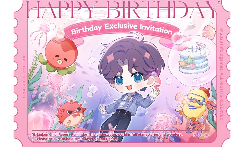 1boy :3 absurdres air_bubble beret birthday_cake black_pants blue_eyes bow bowtie bubble cake chibi chibi_only collared_shirt coral english_text fish food goggles grey_jacket grey_necktie happy_birthday hat highres jacket jellyfish light_blush looking_at_viewer love_and_deepspace male_focus necktie octopus official_art open_mouth pants parted_bangs party_hat puffer_fish purple_hair rafayel_(love_and_deepspace) red_bow red_bowtie seashell seaweed shell shirt short_hair smile solo sparkle underwater waving white_shirt yellow_bird