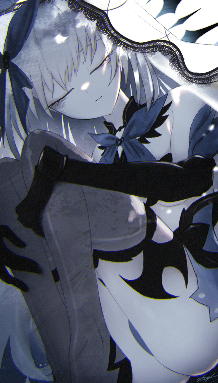 1girl ass bare_legs bare_shoulders blue_ribbon closed_eyes commission date_a_live date_a_live:_spirit_pledge hand_on_own_knee highres ribbon skeb_commission sutorobo72 thighhighs tobiichi_origami veil white_hair white_veil