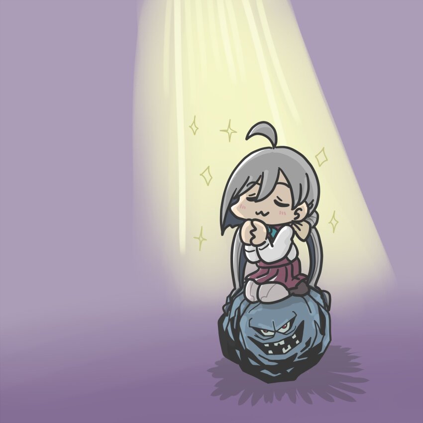 1girl :3 ahoge brown_dress character_request chibi closed_eyes dress ferret-san grey_hair grey_pantyhose highres kantai_collection kiyoshimo_(kancolle) low_twintails own_hands_clasped own_hands_together pantyhose praying purple_background rock spotlight twintails