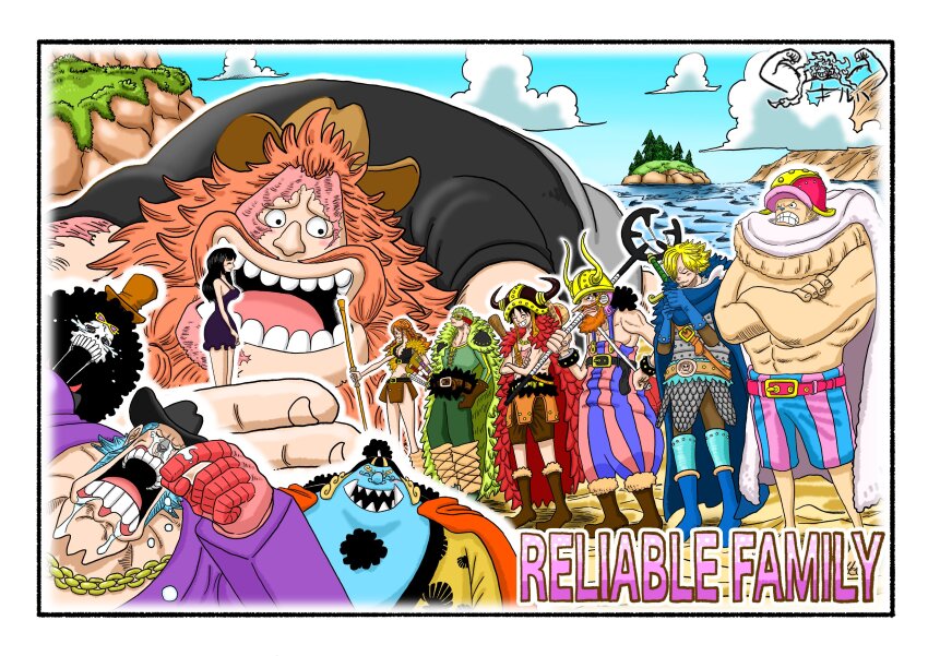 2girls 6+boys ^_^ absurdres afro beard black_hat blonde_hair blue_skin blue_sky boots brook_(one_piece) brown_boots cape capelet chain closed_eyes cloud colored_skin commentary_request crossed_arms crying curly_eyebrows dress epaulettes facial_hair fake_beard fake_facial_hair franky_(one_piece) giant goatee goggles green_cape green_hair hand_on_own_hip hat highres holding holding_staff holding_weapon jaguar_d._saul jaguarman_series japanese_clothes jinbe_(one_piece) kimono kiruha_811 laughing long_hair monkey_d._luffy multiple_boys multiple_girls nami_(one_piece) nami_(one_piece)_(elbaf) nico_robin nico_robin_(elbaf) one_piece open_mouth orange_capelet orange_hair overalls red_cape roronoa_zoro round_teeth sanji_(one_piece) scar scar_across_eye scar_on_face sharp_teeth shorts shoulder_pads skeleton skirt sky smile staff straw_hat_pirates striped_clothes sword sword_on_back tears teeth tony_tony_chopper usopp vertical-striped_clothes weapon weapon_on_back