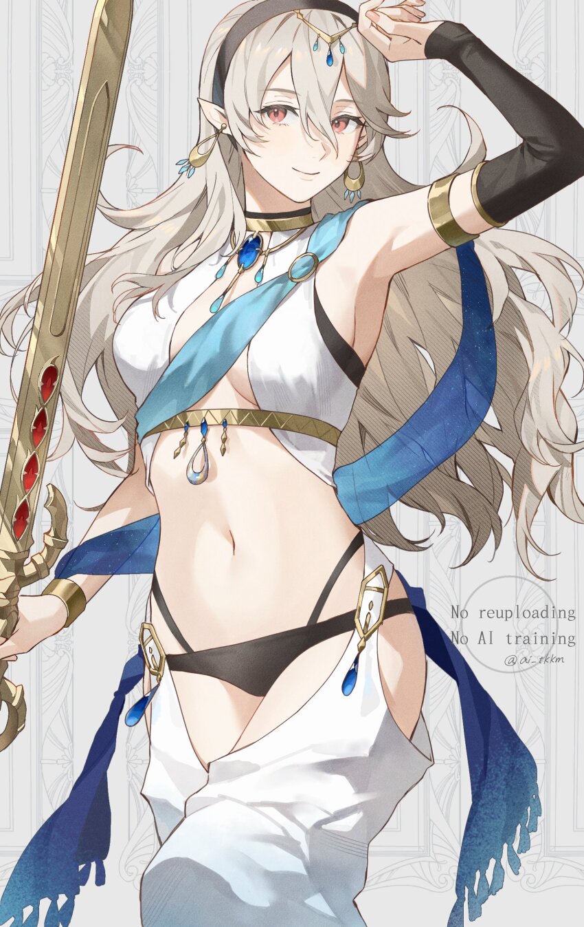 1girl absurdres ai_tkkm alternate_costume black_hairband black_panties breasts cleavage female_corrin_(fire_emblem) dancer earrings fire_emblem fire_emblem_fates hair_between_eyes hairband harem_outfit harem_pants highres holding holding_sword holding_weapon jewelry long_hair looking_at_viewer medium_breasts navel nintendo panties pants pointy_ears red_eyes revealing_clothes smile sword underwear wavy_hair weapon yato_(fire_emblem)