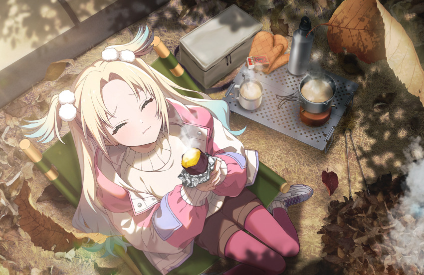1girl ^_^ autumn autumn_leaves blonde_hair blue_hair brown_shorts closed_eyes closed_mouth deck_chair eating foil food game_cg gradient_hair hair_ornament highres holding holding_food jacket leaf light_blue_hair link!_like!_love_live! long_hair long_sleeves love_live! mittens multicolored_hair multicolored_jacket official_alternate_costume official_art on_chair open_clothes open_jacket osawa_rurino pantyhose pantyhose_under_shorts parted_bangs pink_jacket pink_pantyhose pom_pom_(clothes) pom_pom_hair_ornament roasted_sweet_potato shoes shorts sidelocks sitting sneakers solo steam sweater sweet_potato third-party_source twintails two-tone_jacket unworn_mittens virtual_youtuber white_jacket white_shoes white_sweater