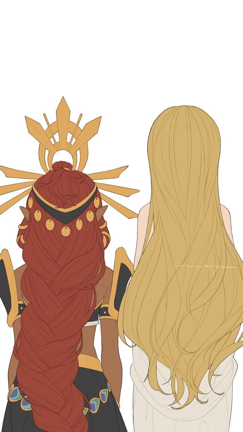 2girls absurdres bare_shoulders black_skirt blonde_hair commentary_request cowboy_shot dark-skinned_female dark_skin dress facing_away from_behind headpiece height_difference highres long_hair maya_(mayamayammy) midriff multiple_girls nintendo pointy_ears princess_zelda red_hair riju signature simple_background skirt the_legend_of_zelda the_legend_of_zelda:_breath_of_the_wild white_background white_dress