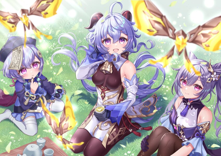 3girls absurdres ahoge bare_shoulders bead_necklace beads bell black_pantyhose blue_hair blurry blush bow braid breasts choker coin_hair_ornament cone_hair_bun crystalfly_(genshin_impact) cup depth_of_field detached_sleeves diamond-shaped_pupils diamond_(shape) double_bun dress ganyu_(genshin_impact) genshin_impact gloves gold_trim hair_between_eyes hair_bun hair_ears hair_ornament hat highres horns jewelry jiangshi keqing_(genshin_impact) knees_up long_hair long_sleeves looking_at_another looking_at_viewer medium_breasts multiple_girls neck_bell neck_tassel necklace ofuda open_mouth outdoors pantyhose purple_choker purple_dress purple_eyes purple_gloves purple_hair purple_headwear qingdai_guanmao qiqi_(genshin_impact) sidelocks sitting smile symbol-shaped_pupils talisman tassel tateko25wiz thighhighs thighlet thighs twintails waist_cape wariza white_sleeves
