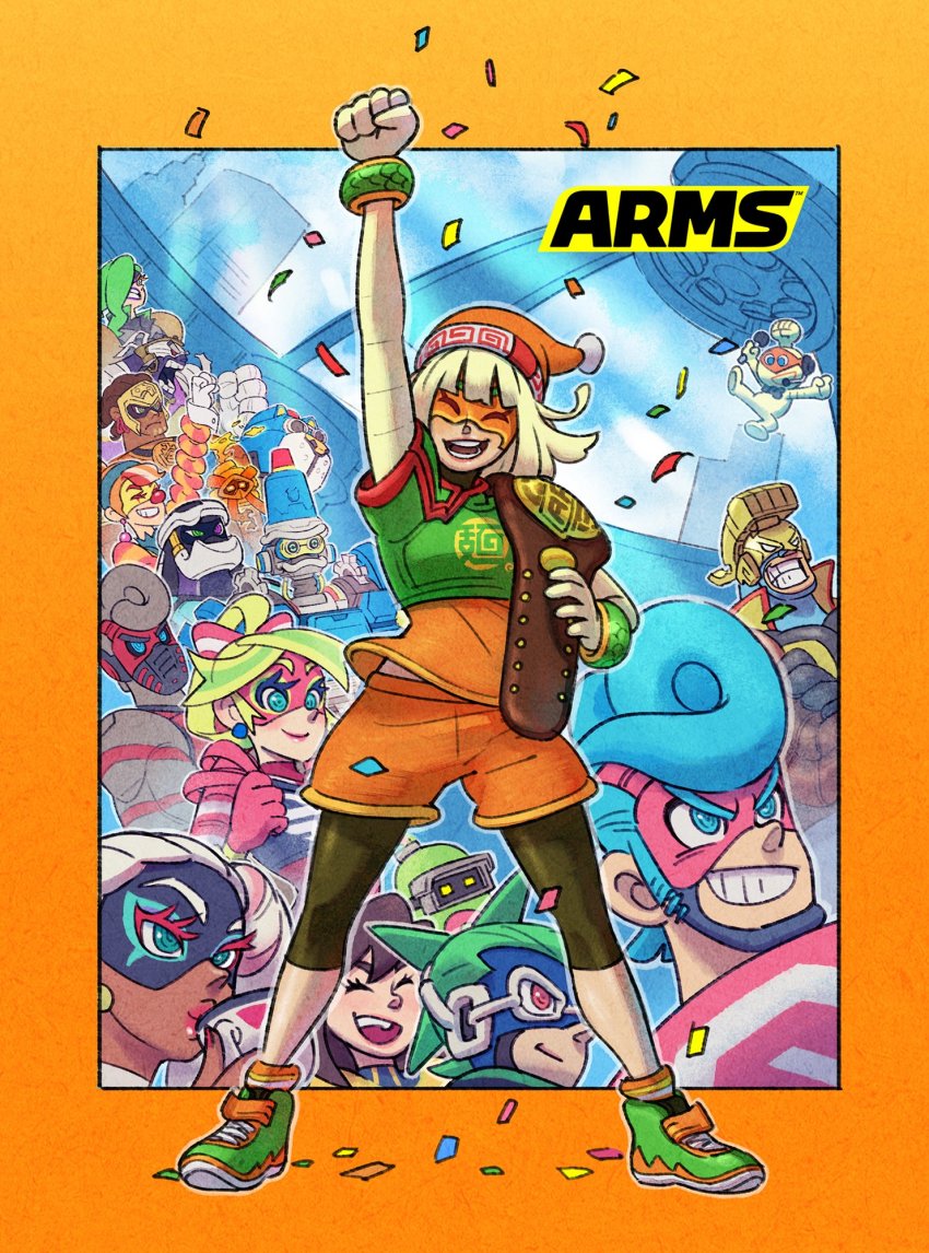 6+boys 6+girls @_@ arm_up armor arms_(game) barq beanie belt bike_shorts blonde_hair blue_eyes blue_hair blush border bow bowtie brown_hair byte_(arms) championship_belt closed_eyes clown cobushii_(arms) confetti copyright_name cuff_links cup dark_skin dna_man_(arms) domino_mask dr._coyle drinking earrings everyone goggles green_hair hat helmet highres jewelry kid_cobra lipstick lola_pop looking_at_viewer makeup mask master_mummy_(arms) max_brass mecha mechanica_(arms) min_min_(arms) misango multiple_boys multiple_girls night ninjara_(arms) nintendo official_art open_mouth pink_lips pompadour red_eyes red_lips ribbon_girl_(arms) robot shorts sideburns smile spring_man_(arms) teacup twintelle_(arms) yamamoto_yuu