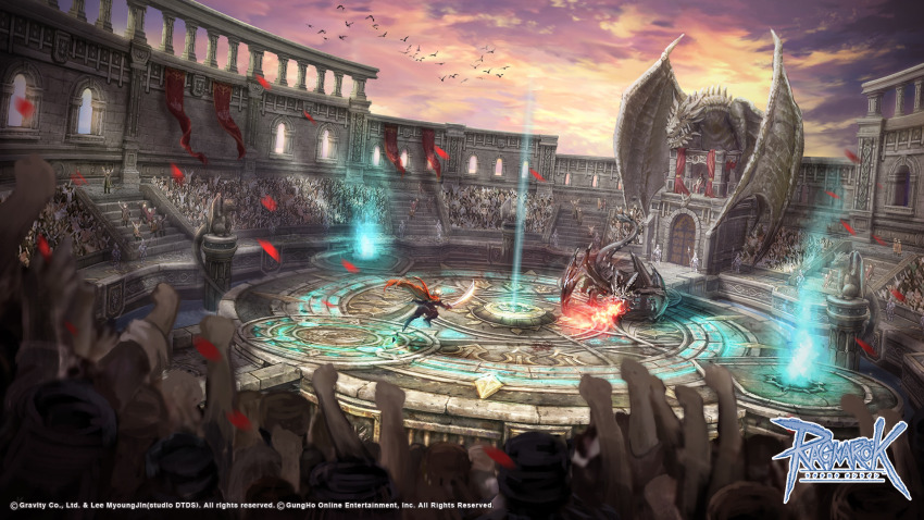 6+others arena arm_up banner breath_weapon breathing_fire copyright_notice crowd dragon duel falling_petals fighting fire highres in-universe_location logo magic_circle multiple_others official_art official_wallpaper people petals ragnarok_online stairs yoing_(gravity)