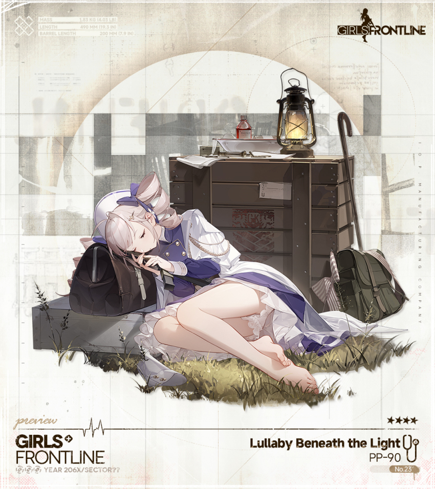 1girl ahoge aiguillette bag bare_legs barefoot basin black_bag bloomers blue_dress blue_ribbon boots bottle box buttons cane character_name closed_mouth coat coat_dress commentary copyright_name crate doctor double-breasted dress drill_hair duffel_bag english_commentary feet full_body girls&#039;_frontline grass green_bag griffin_&amp;_kryuger_logo gun gyaku_tsubasa hair_ornament hair_ribbon hairclip hat highres holding holding_gun holding_weapon knee_boots lantern legs long_hair long_sleeves lying medicine no_socks nurse_cap official_alternate_costume official_art on_side overcoat pp-90 pp-90_(girls&#039;_frontline) pp-90_(lullaby_beneath_the_light)_(girls&#039;_frontline) promotional_art resting ribbon second-party_source solo star_(symbol) stethoscope syringe toes twin_drills underwear weapon white_bloomers white_boots white_coat white_hair white_hat