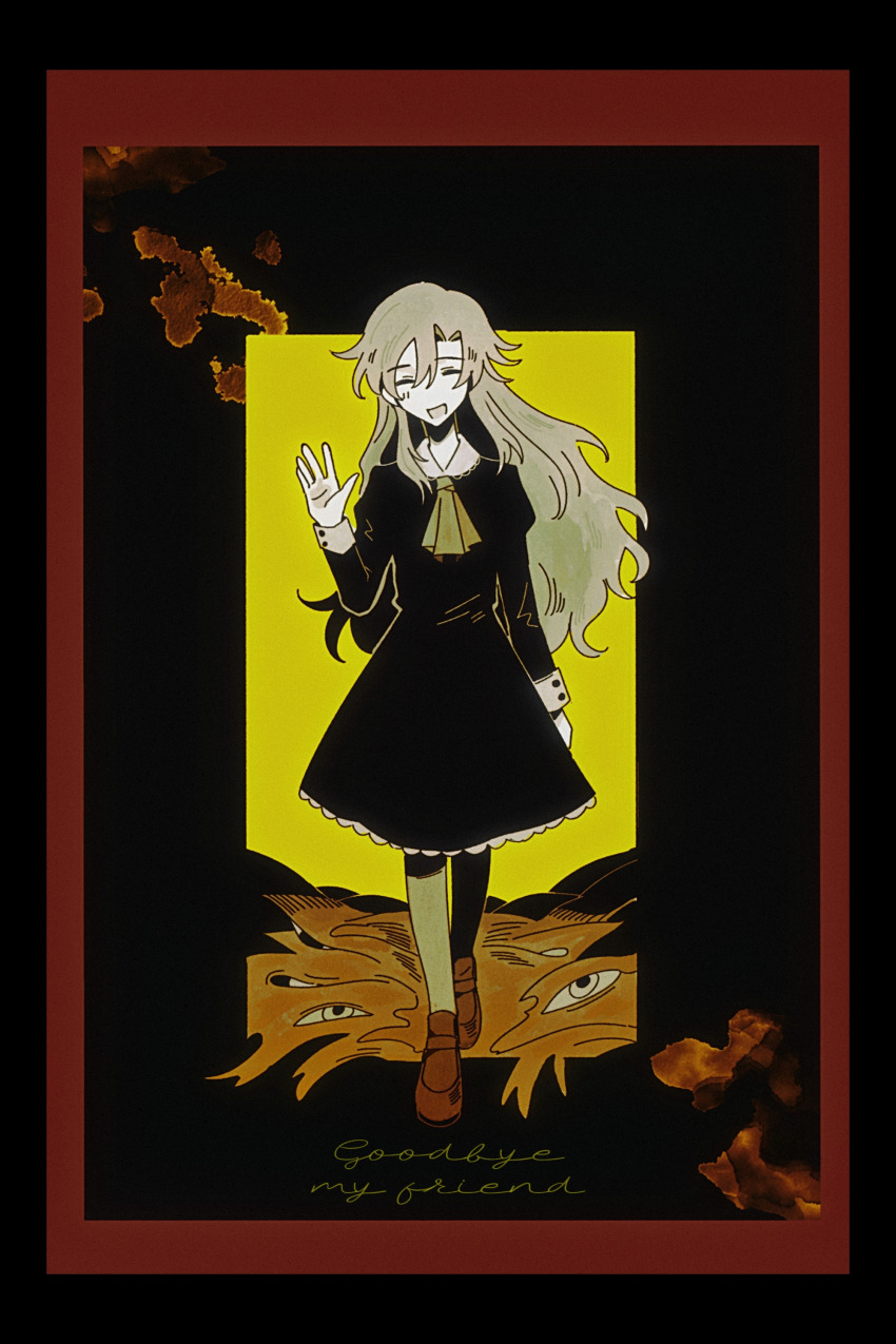 1girl absurdres ascot chinese_commentary closed_eyes commentary_request disembodied_eye dress english_text facing_viewer full_body hand_up highres ib_(kouri) lifop limited_palette loafers long_hair mary_(ib) open_mouth pantyhose shoes smile solo walking