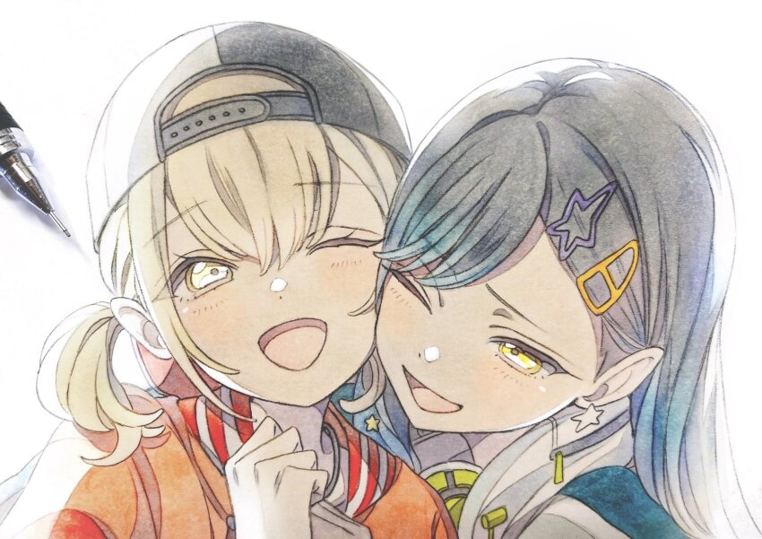 2girls art_tools_in_frame azusawa_kohane backlighting backwards_hat baseball_cap black_hair blonde_hair blush earrings graphite_(medium) hair_ornament hairclip hand_up happy hat highres hood hood_down hooded_jacket jacket jewelry long_hair marker_(medium) mechanical_pencil multiple_girls one_eye_closed open_mouth pato_(ptro) pencil photo_(medium) project_sekai shiraishi_an short_twintails simple_background smile star_(symbol) star_earrings star_hair_ornament traditional_media twintails upper_body very_long_hair white_background yellow_eyes