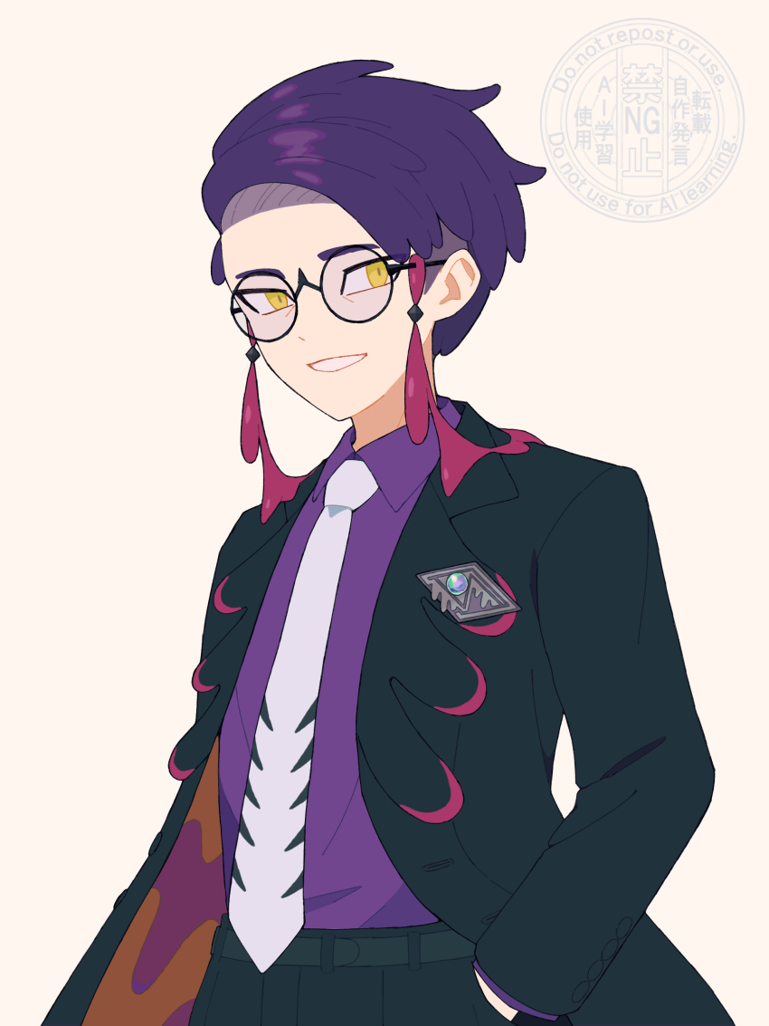 1boy absurdres azuma_416 black-framed_eyewear black_jacket black_pants collared_shirt commentary corbeau_(pokemon) glasses grin hand_in_pocket highres jacket male_focus necktie nintendo open_clothes open_jacket pants pokemon pokemon_legends:_z-a purple_hair purple_shirt round_eyewear shirt short_hair simple_background smile solo teeth watermark white_background white_necktie yellow_eyes