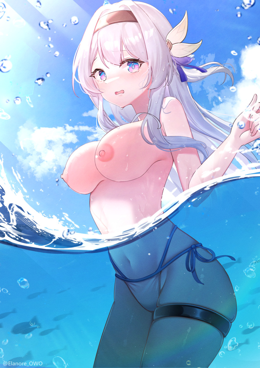 1girl absurdres alternate_costume bikini bikini_bottom_only blue_sky breasts brown_hairband bubble cloud cloudy_sky commentary commentary_request cowboy_shot day elanore english_commentary firefly_(honkai:_star_rail) fish grey_hair hair_intakes hair_ornament hair_ribbon hairband highres honkai:_star_rail honkai_(series) in_water large_breasts long_hair looking_at_viewer mixed-language_commentary multi-strapped_bikini_bottom nipples open_mouth outdoors partially_submerged partially_underwater_shot ribbon sky solo string_bikini swimsuit thigh_strap topless_female twitter_username white_bikini