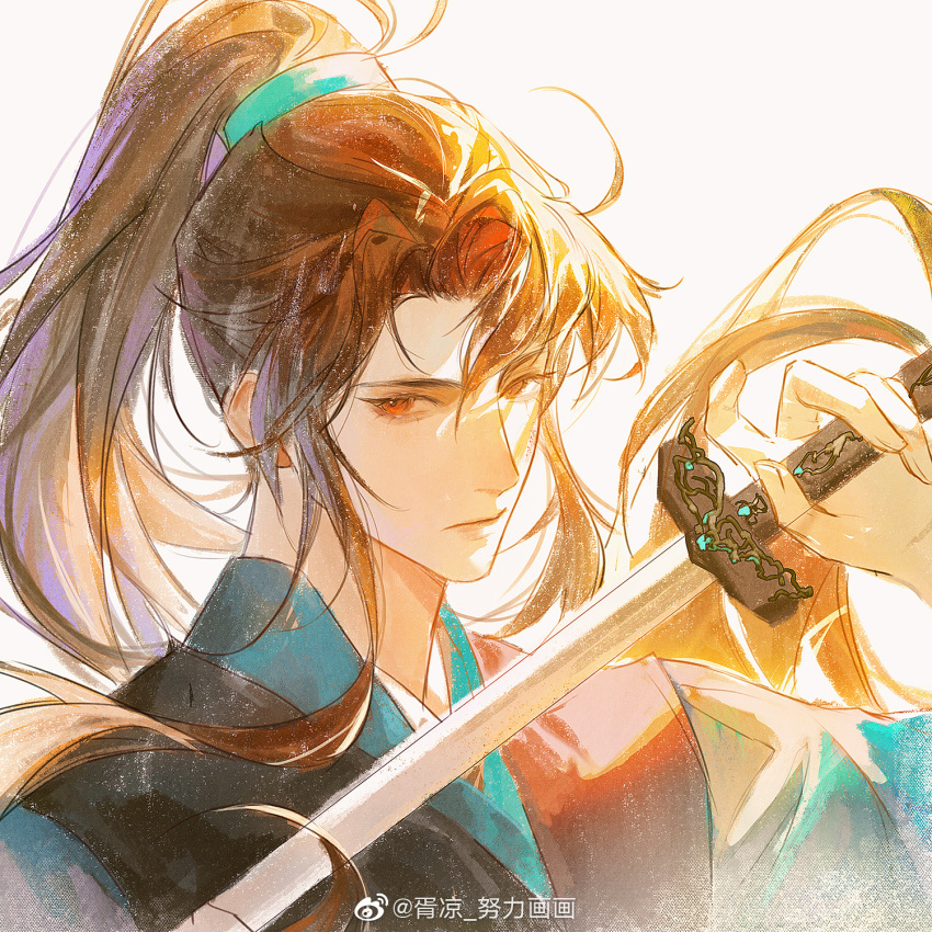 1boy black_hanfu brown_eyes brown_hair cheng_qian chinese_clothes closed_mouth hanfu high_ponytail highres holding holding_sword holding_weapon liu_yao long_hair looking_at_viewer male_focus ponytail solo sword upper_body watermark weapon weibo_watermark white_background xu_liang