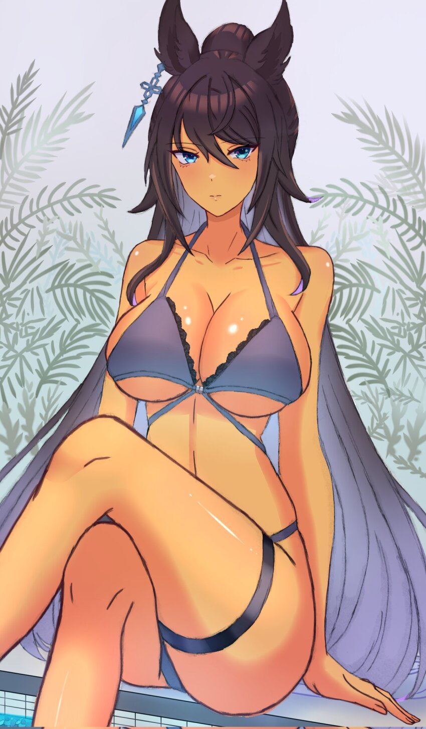 1girl alternate_costume animal_ears bikini black_bikini black_hair breasts cleavage collarbone commentary_request crossed_legs dark-skinned_female dark_skin earrings hair_between_eyes highres horse_ears horse_girl horse_tail jewelry large_breasts long_hair navel poolside remi-yuka-taimama sidelocks single_earring sitting soaking_feet solo split_ponytail stomach swimsuit symboli_kris_s_(umamusume) tail umamusume