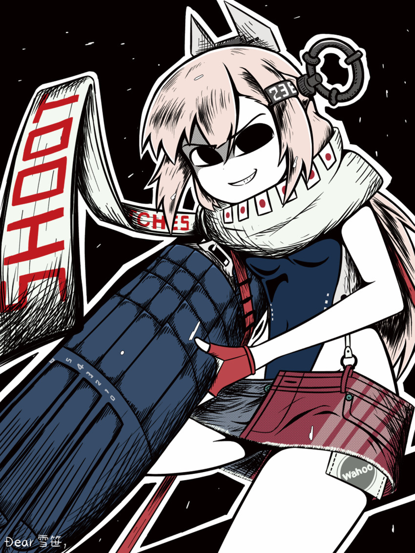 1girl american_flag american_flag_print american_flag_skirt black_one-piece_swimsuit blonde_hair breasts denim denim_skirt flag_print gloves headgear highleg highleg_one-piece_swimsuit highres japanese_flag kantai_collection kill_markings long_hair medium_breasts one-piece_swimsuit partially_fingerless_gloves print_skirt scarf skirt smirk solo super_highleg swimsuit torpedo_launcher tungstendoll two-tone_one-piece_swimsuit very_long_hair wahoo_(kancolle) white_one-piece_swimsuit white_scarf