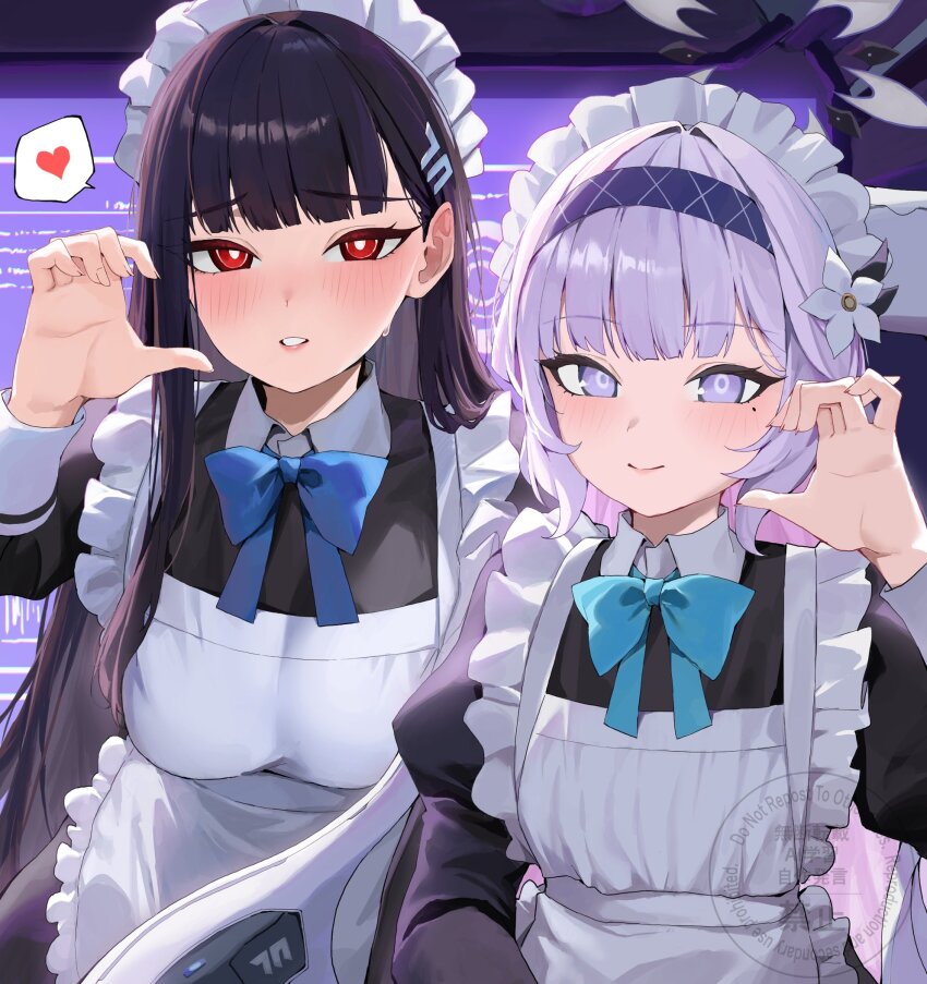alternate_costume apron aqua_bow aqua_bowtie black_dress black_hair blue_archive blue_bow blue_bowtie blush bow bowtie breasts closed_mouth commentary_request dress flower frilled_apron frills hair_flower hair_ornament hairband halo hand_up heart highres himari_(blue_archive) large_breasts long_hair long_sleeves looking_at_viewer maid maid_apron maid_headdress mole mole_under_eye parted_lips pointy_ears purple_eyes red_eyes rio_(blue_archive) smile spoken_heart tai_saka white_apron white_hair