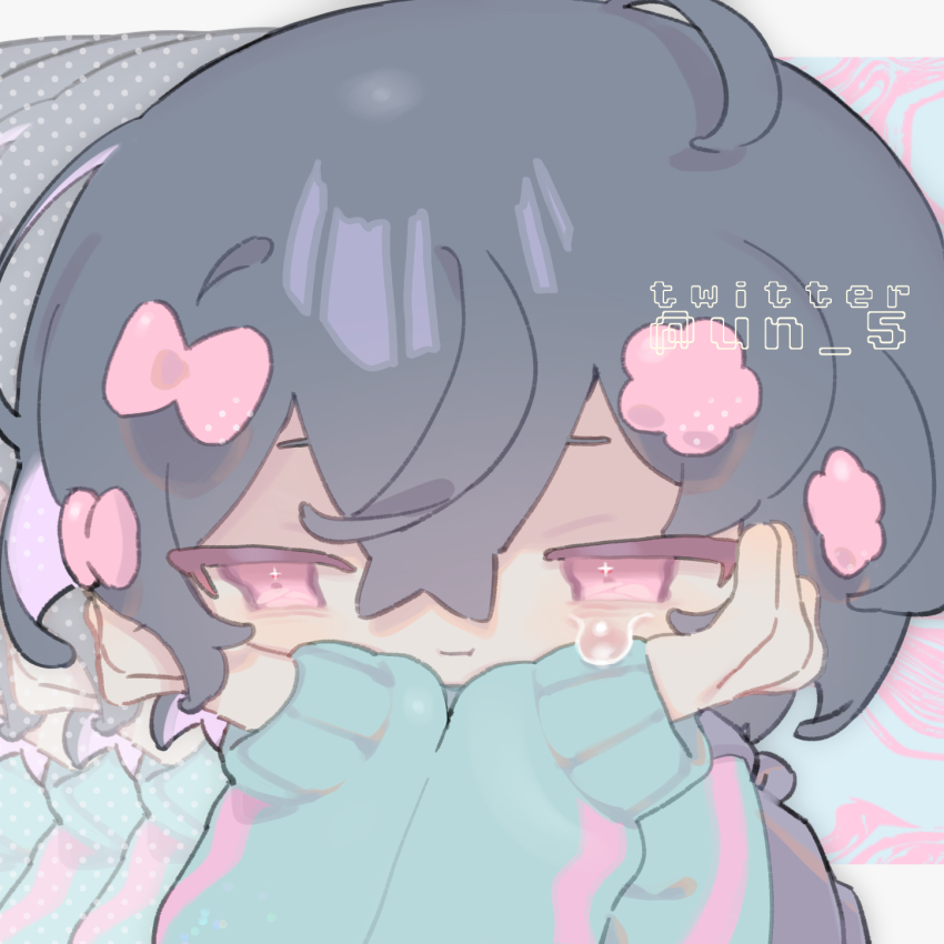 1girl aqua_background aqua_jacket backpack bag black_bag black_hair bow cheek_press commentary_request flower hair_bow hair_flower hair_ornament half-closed_eyes hands_on_own_cheeks hands_on_own_face hands_up highres jacket kurari-chan_(iyowa) kyu-kurarin_(cevio) letterboxed long_sleeves looking_at_viewer multiple_hair_bows outside_border pink_background pink_bow pink_flower portrait recurring_image screentones short_hair sleeves_past_wrists star_(symbol) star_in_eye symbol_in_eye tearing_up tendoshi track_jacket twitter_username two-tone_background watermark wavy_eyes