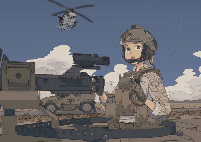 1girl aircraft assault_rifle blue_sky browning_m2 camouflage convoy dated desert_camouflage etmc1992 gun heavy_machine_gun helicopter highres load_bearing_vest machine_gun military military_combat_uniform military_uniform military_vehicle motor_vehicle original oshkosh_m-atv radio rifle road scope sky tactical_clothes uh-1_iroquois united_states_marine_corps weapon wind