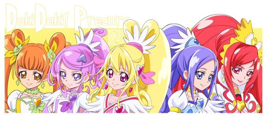 5girls aida_mana artist_logo blonde_hair blue_eyes blue_hair brown_eyes choker commentary_request copyright_name cure_ace cure_diamond cure_heart cure_rosetta cure_sword dokidoki!_precure dress earrings eyelashes hair_ornament hairclip happy hishikawa_rikka jewelry kamikita_futago kenzaki_makoto logo long_hair looking_at_viewer madoka_aguri magical_girl multiple_girls orange_hair pink_eyes ponytail precure puffy_short_sleeves puffy_sleeves purple_eyes purple_hair red_eyes red_hair short_hair short_sleeves smile twintails yotsuba_alice
