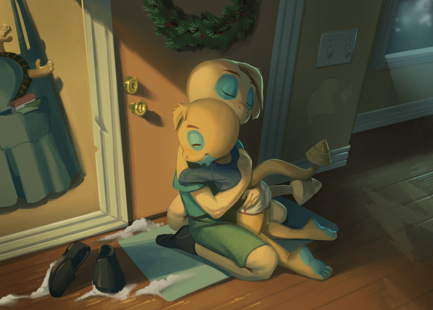 1boy 1girl absurdres apis blonde_hair closed_eyes dunsparce feet furry gen_2_pokemon highres hug kneeling male_underwear monster_boy monster_girl mother_and_son nintendo pokemon pokemon_(creature) short_hair snow tail underwear